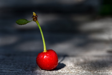 Red cherries on a wooden table