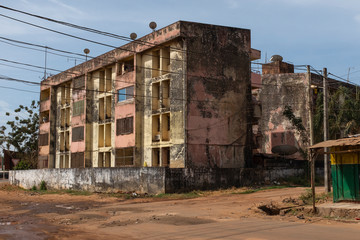 Fototapeta na wymiar View of old residential buildings in the city of Bissau, Guinea Bissau