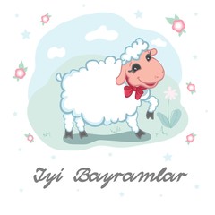 Kurban Bayram Eid Al-Adha card design with cute little woolly white sacrificial lamb wearing a red ribbon above the greeting text. Iyi bayramlar inscription