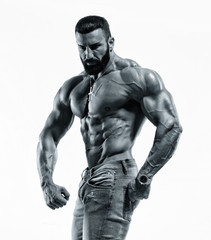 Fototapeta premium Strong Muscular Shirtless Men in Jeans Posing