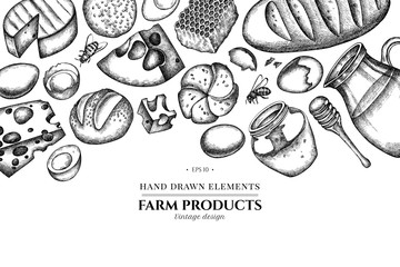 Floral design with black and white milk, cheese, chicken, eggs, buns and bread, honey