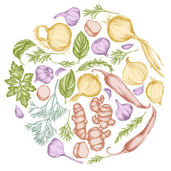 Round floral design with pastel onion, garlic, pepper, greenery, ginger, basil, rosemary