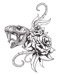 snake head and roses drawn in black and white icon