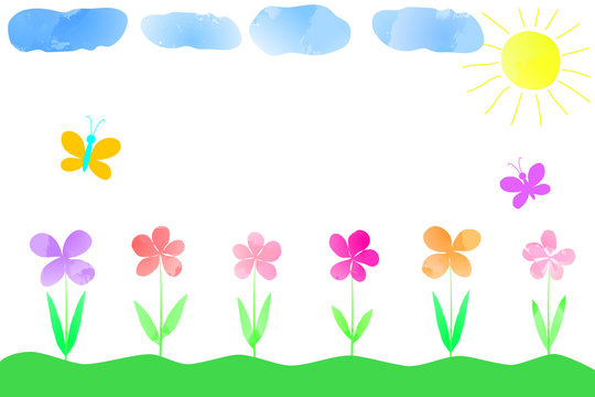 Children's drawing of colorful flowers, clouds, butterflies and the sun, the world through the eyes of a child
