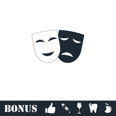 Comedy and tragedy theatrical masks icon flat
