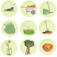 Cartoon color garden set icon pack landscape flat funny