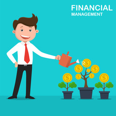 Businessman watering money. Vector illustration.