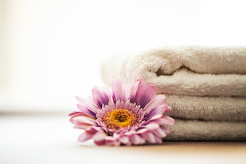 Obraz na płótnie Canvas Buildings and Architecture Spa. White Cotton Towels Use In Spa Bathroom. Towel Concept. Photo For Hotels and Massage Parlors. Purity and Softness. Towel Textile.