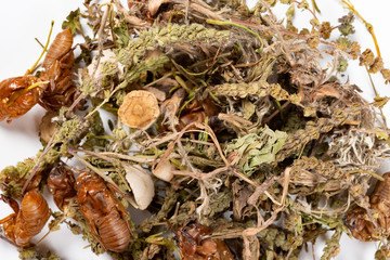 mixed Chinese herb medicine on a white background