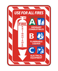 Fire Extinguisher Use on All Fires Sign Isolate On White Background,Vector Illustration