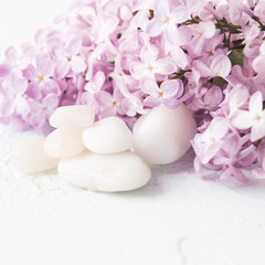 Fototapeta na wymiar Aromatherapy and spa concept with white stones and lilac flowers with copy space
