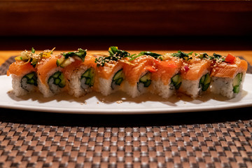 Delicious and colorful salmon sushi roll