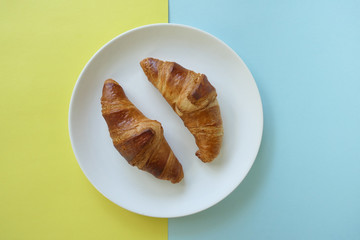 Delicious French Croissants in a White Plate isolated on a Blue and Yellow Background