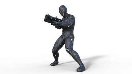 Futuristic android soldier in bulletproof armor, military cyborg armed with sci-fi rifle gun shooting on white background, 3D rendering