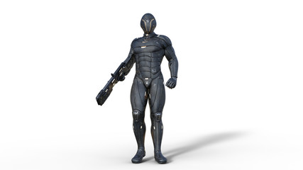 Futuristic android soldier in bulletproof armor, military cyborg armed with sci-fi rifle gun standing on white background, 3D rendering
