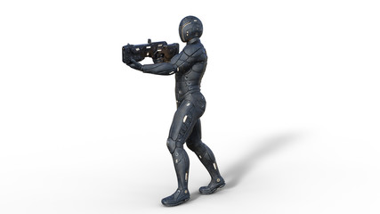 Futuristic android soldier in bulletproof armor, military cyborg armed with sci-fi rifle gun walking and shooting on white background, 3D rendering