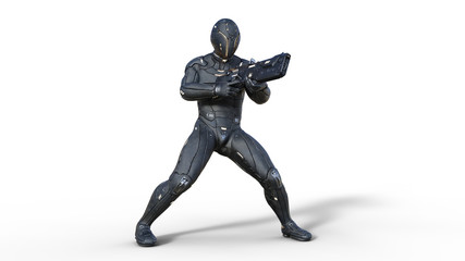 Futuristic android soldier in bulletproof armor vest, military cyborg armed with sci-fi rifle gun shooting on white background, 3D rendering
