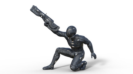 Futuristic android soldier in bulletproof armor, military cyborg armed with sci-fi rifle gun crouching and shooting on white background, 3D rendering