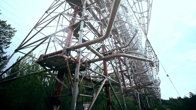 Russian woodpecker huge electrical tower from Soviet Union. Close-up view of massive antenna tower Arc used to be a professional radar system in the Chernobyl power station.
