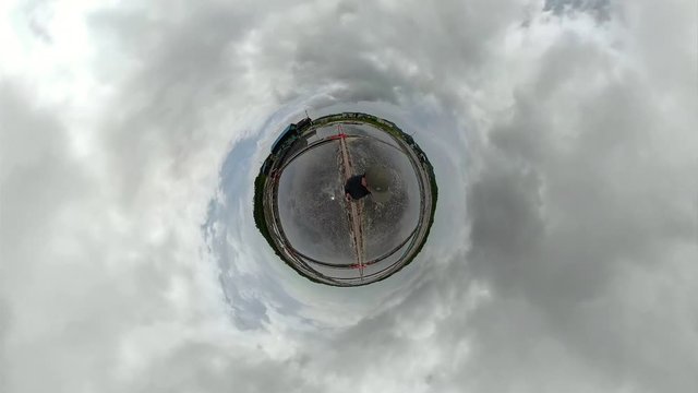 Ansan, South Korea - 20 June 2019 Dongju Salt Field in Ansan Daebudo Island edited by Gopro Fusion 360 Little Planet view.