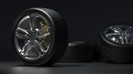  tire auto on a dark background. Alloy wheels.  3d render