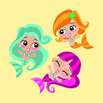 3 Modern cartoon young mermaids