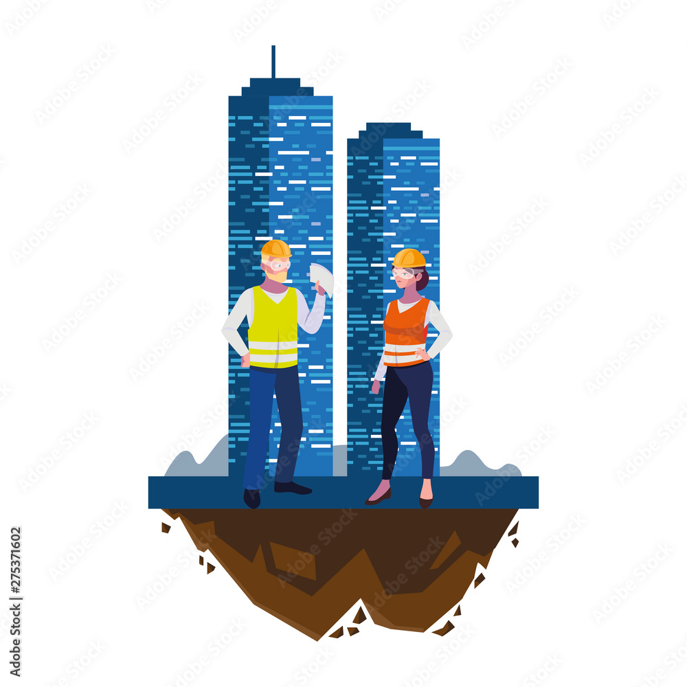 Poster couple of builders constructors workers with building