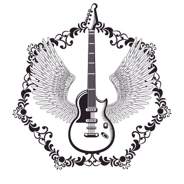 guitar and wings drawn tattoo icon