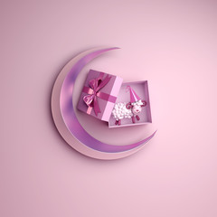 Top view of gift box, sheep, crescent moon on studio lighting pink background. Design creative concept of islamic celebration eid al adha or happy birthday. 3d rendering illustration.