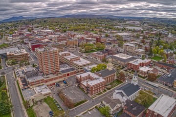Aerial View of Downtown Pittsfield, Massachusetts on a cloudy spring day