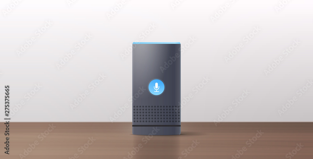 Poster relistic smart speaker on wooden table voice recognition activated digital assistants automated comm