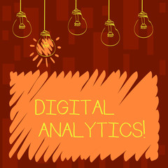 Text sign showing Digital Analytics. Business photo showcasing the analysis of qualitative and quantitative data Set of Transparent Bulbs Hanging with Filament and One is in Lighted Icon