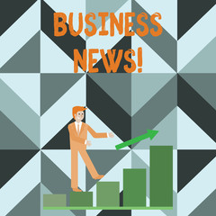 Writing note showing Business News. Business concept for information reported in a newspaper or news magazine Smiling Businessman Climbing Bar Chart Following an Arrow Up