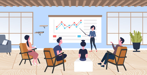 businesswoman presenting financial graphs to colleagues businesspeople group conference meeting presentation concept modern co-working office interior flat horizontal full length
