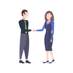 businesspeople couple shaking hands man woman business partners handshake agreement partnership concept flat full length