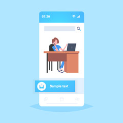 businesswoman sitting at workplace desk business woman using laptop while talking on phone working process concept smartphone screen mobile app flat full length