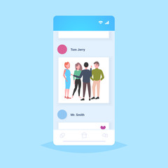 businesspeople group brainstorming business people discussing new project during meeting casual colleagues standing together smartphone screen mobile application full length