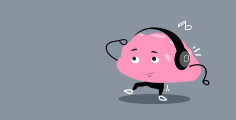 cute human brain organ listening music with headphones relax concept kawaii style pink cartoon character horizontal