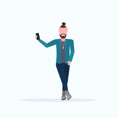 man taking selfie photo on smartphone camera casual male cartoon character posing white background flat full length