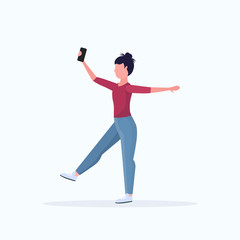 brunette woman taking selfie photo on smartphone camera casual female cartoon character posing white background flat full length