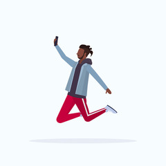 man taking selfie photo on smartphone camera african american male cartoon character jumping posing white background flat full length