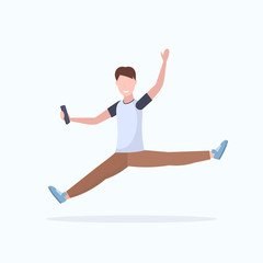 Fototapeta na wymiar man taking selfie photo on smartphone camera casual male cartoon character jumping posing white background flat full length