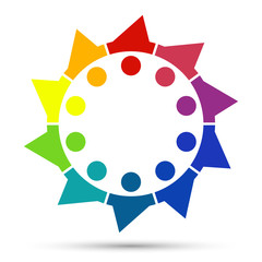 Group of ten persons in circle. holding hands.The summit workers are meeting in the same power room.