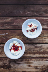 Ice cream with strawberry jam.