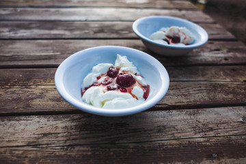 Ice cream with strawberry jam.