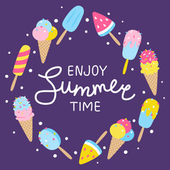 Cartoon ice cream round frame isolated on purple background for Your summer design