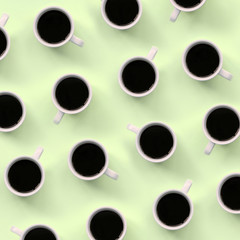 Many small white coffee cups on texture background of fashion pastel lime color paper