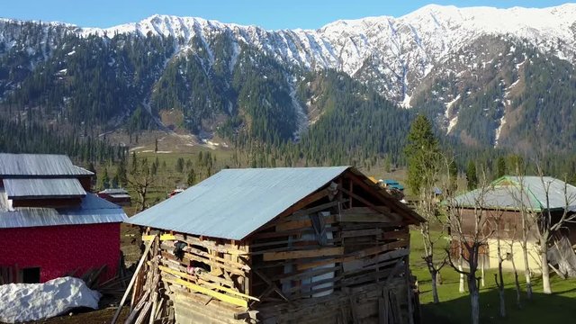 A drone shot of the town Arang Kel in Northern Pakistan known for its natural beauty and landscape