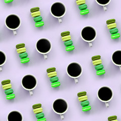 A pattern of many colorful dessert cake macaroon and coffee cups on trendy pastel lilac background top view