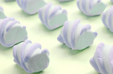 Colorful marshmallow laid out on lime paper background. pastel creative textured pattern